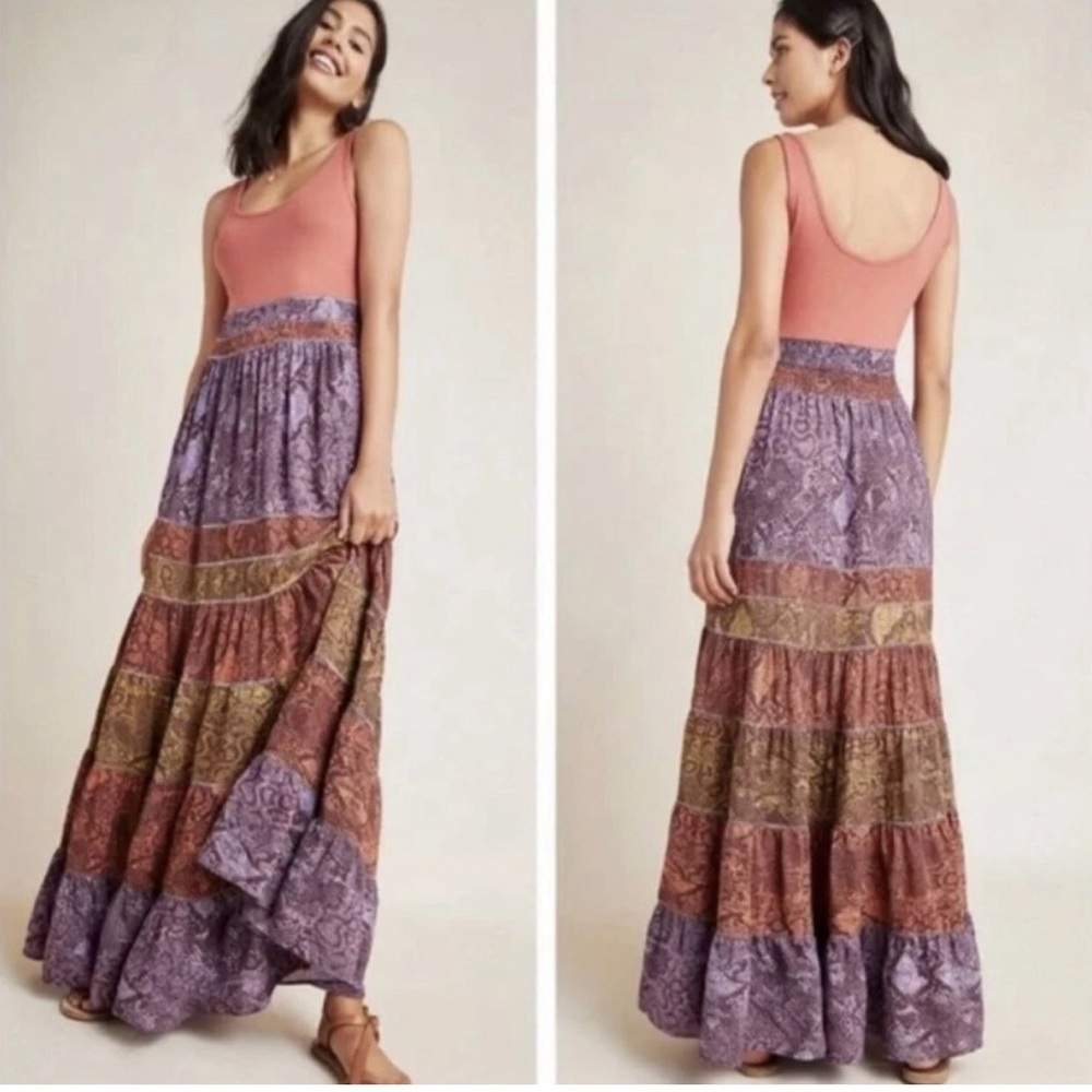 Anthropologie Colima Boho Tiered - SZ S - Flowy Tiered Snake Print Maxi Dress